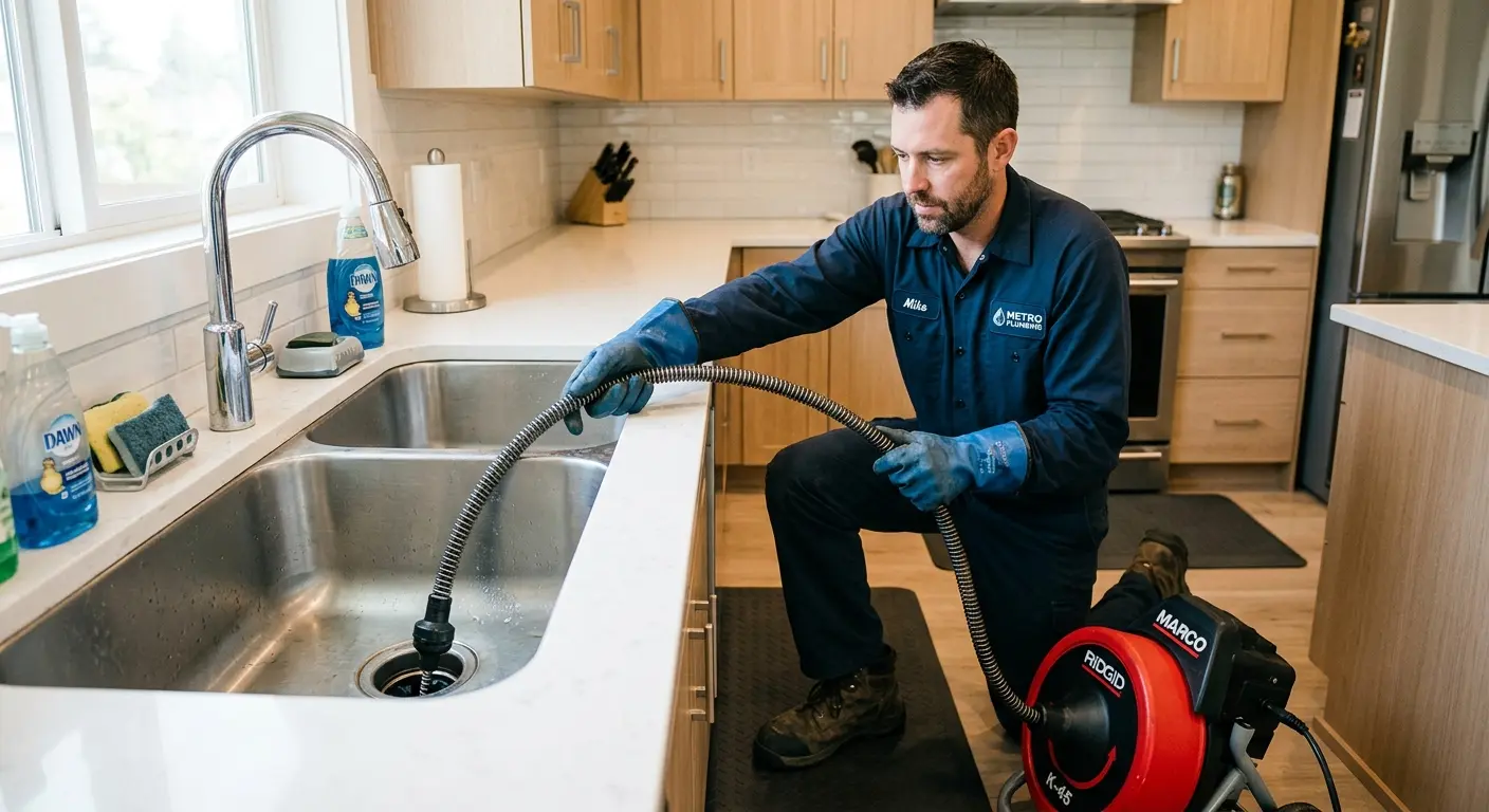 Drain cleaning technician using a motorized snake on a kitchen sink in Montgomery Village