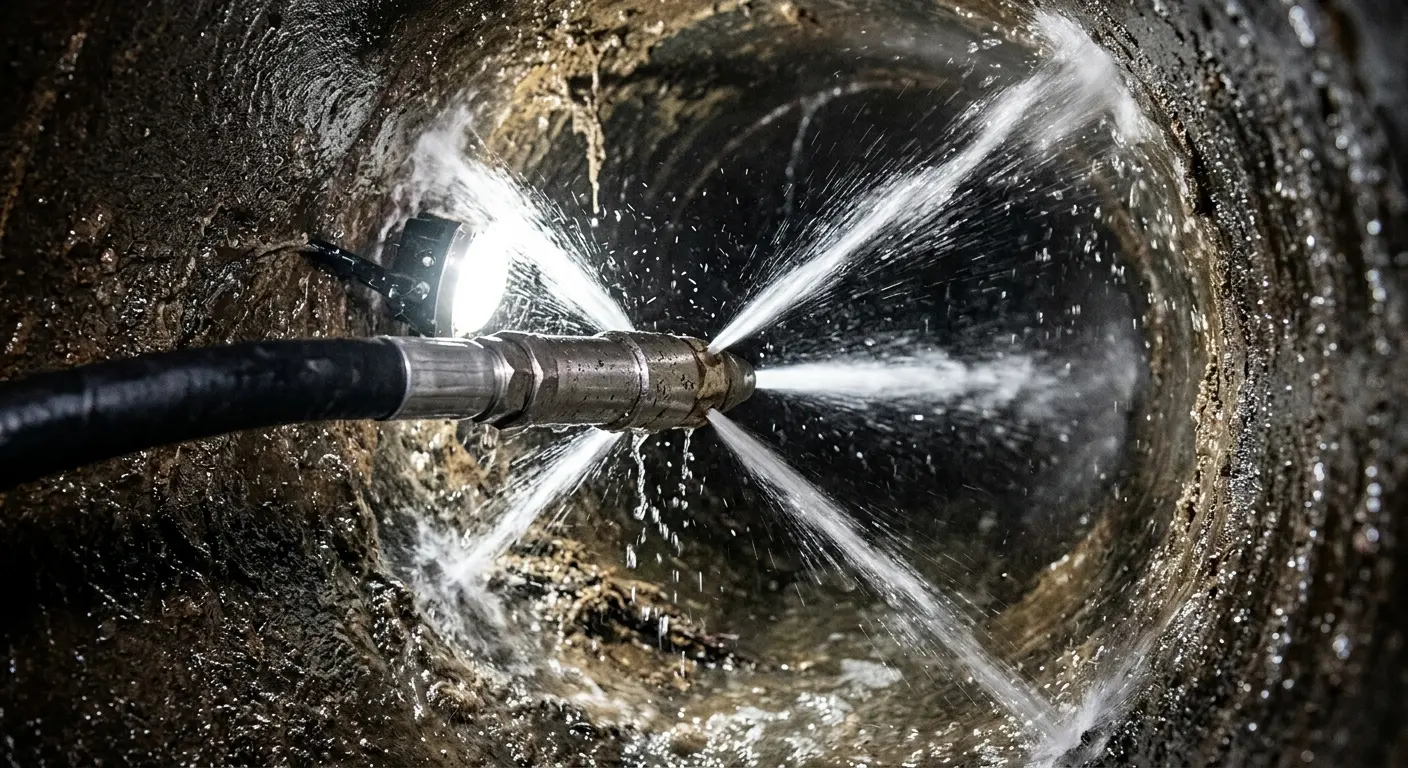 High-pressure hydro jetting nozzle cleaning sewer pipe for Emergency Drain Service in Montgomery Village
