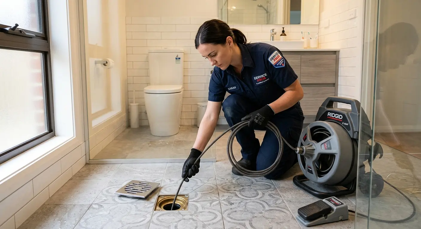 Technician clearing a bathroom floor drain for Drain Cleaning in Montgomery Village